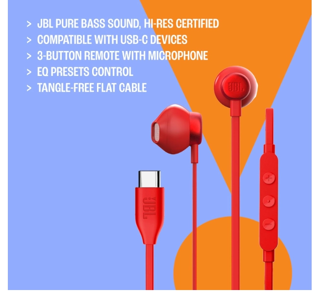 Проводные внутриканальные наушники JBL T305C, Красные