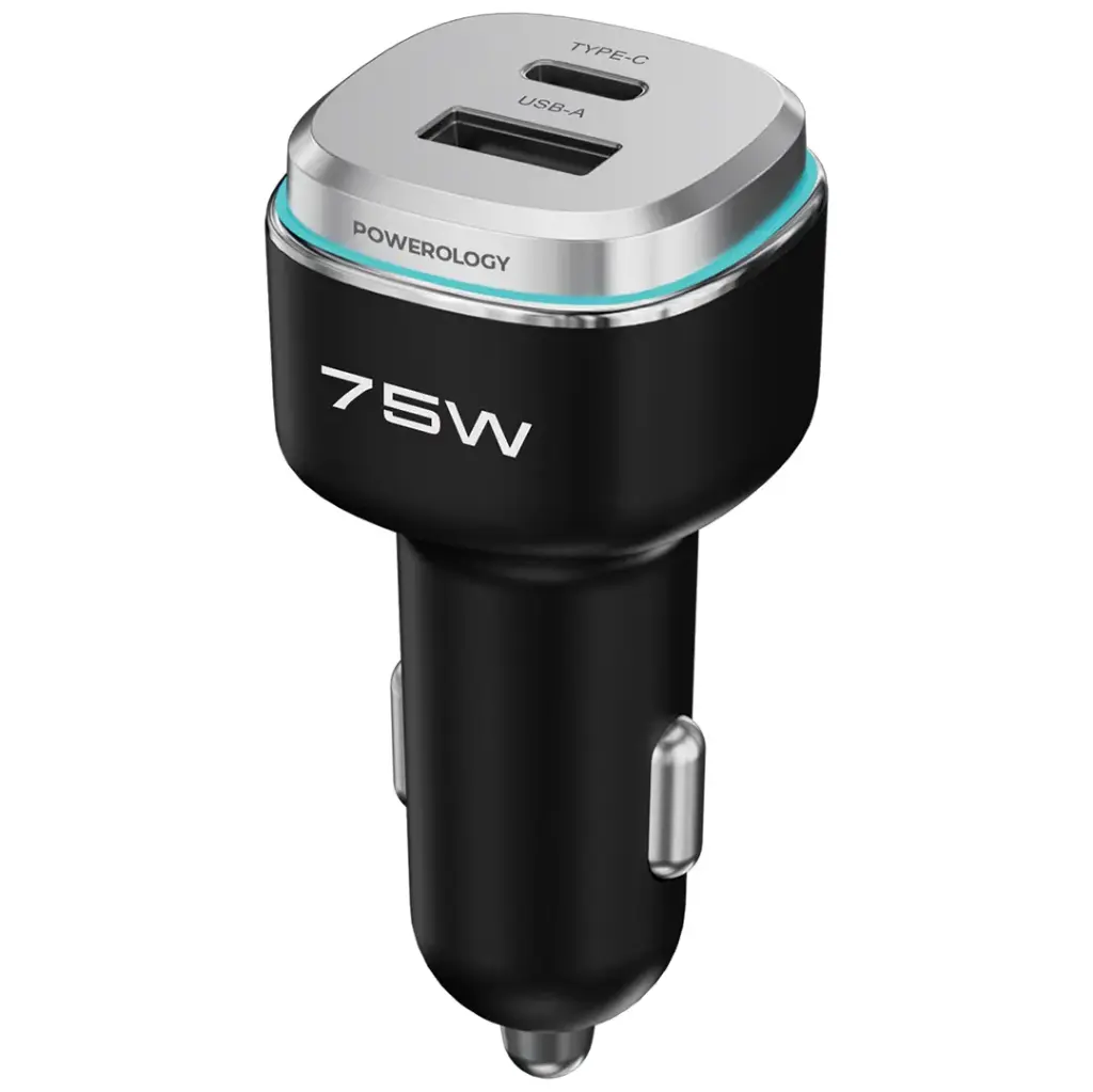 Powerology 75W Dual-Port High-Power Car Charger with Typc-C Cable