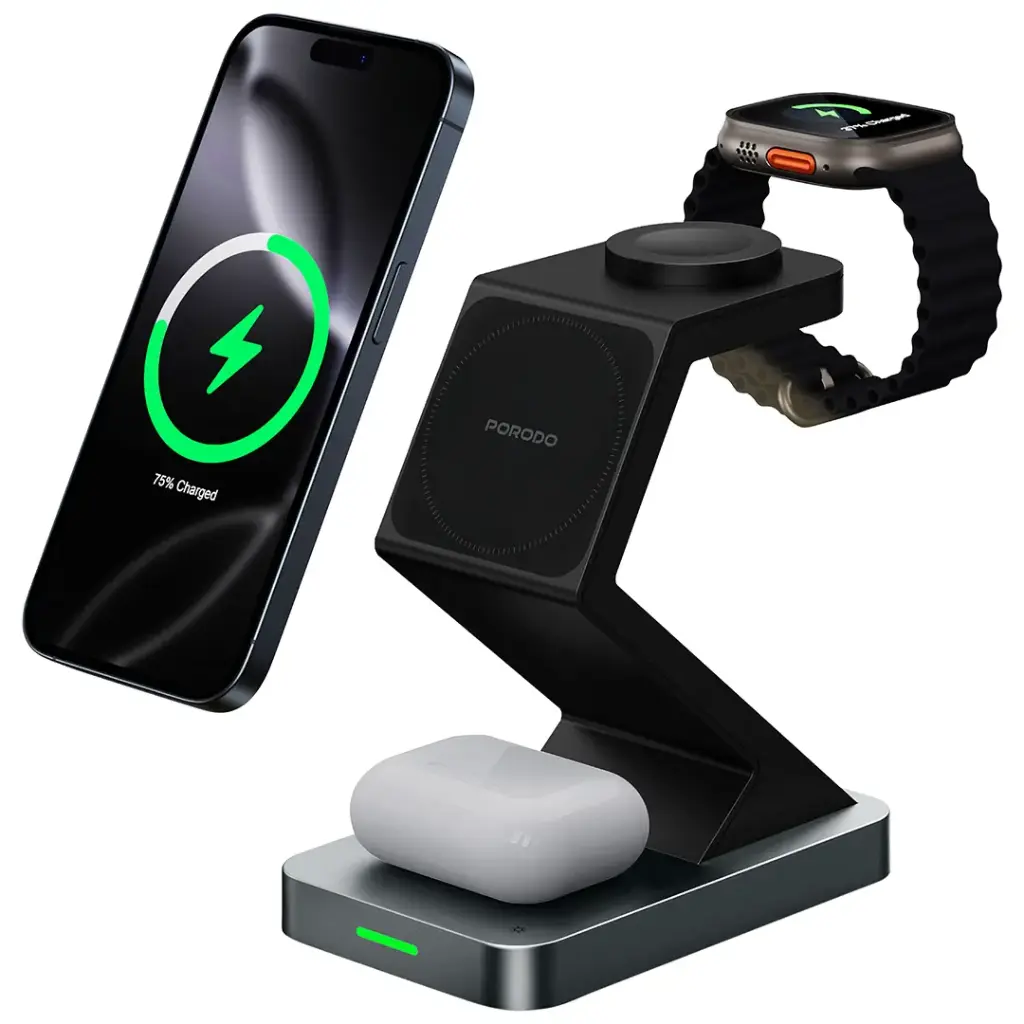 Porodo 4-in-1 Powerdock Wireless Charging Station with 360° Adjustable Viewing