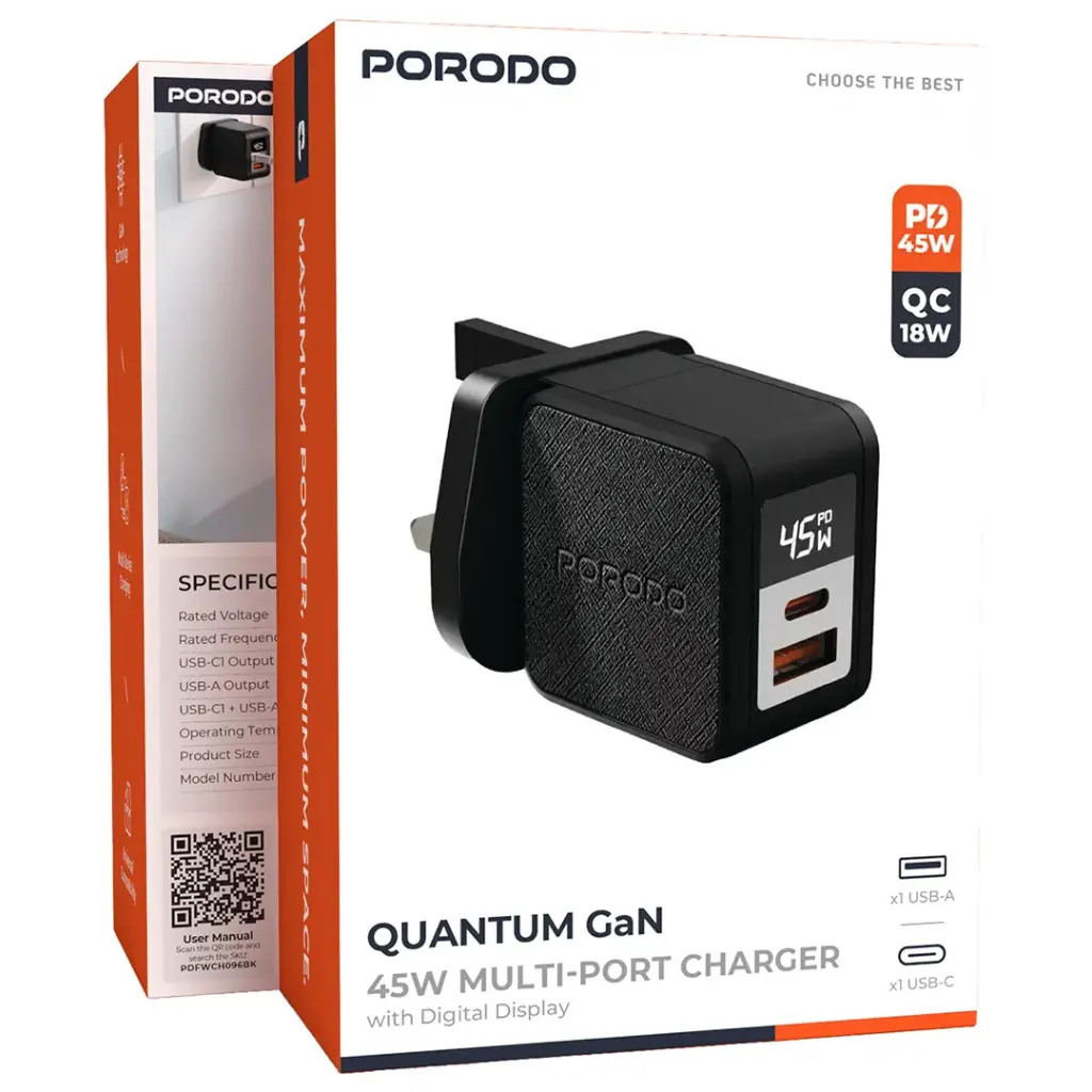 Porodo Quantum GaN 65W Multi-Port Charger with Digital Display