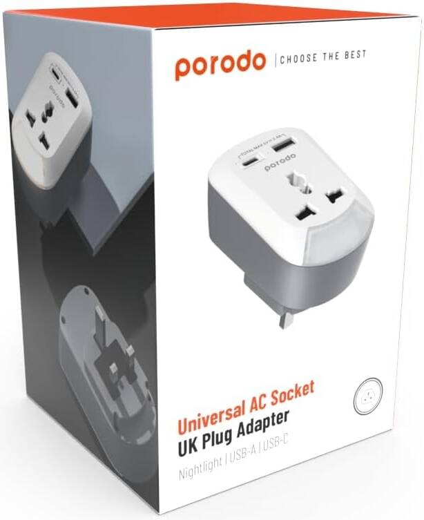 Porodo Universal AC Socket UK Plug Adapter with Night Light USB-A / USB-C