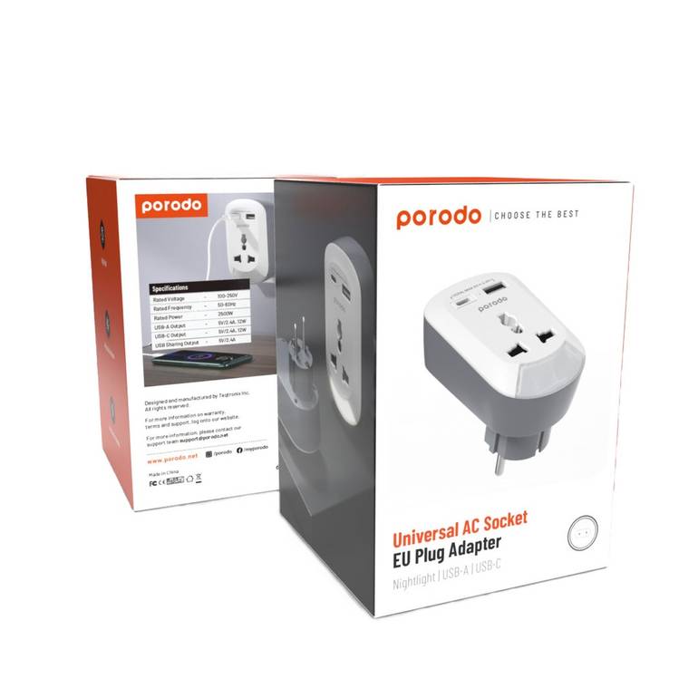 Porodo Universal AC Socket EU Plug Adapter with Night Light USB-A / USB-C