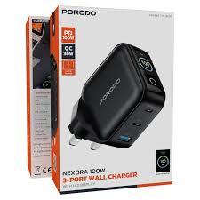 Porodo Nexora 100W 3-Port Wall Charger with LCD Display