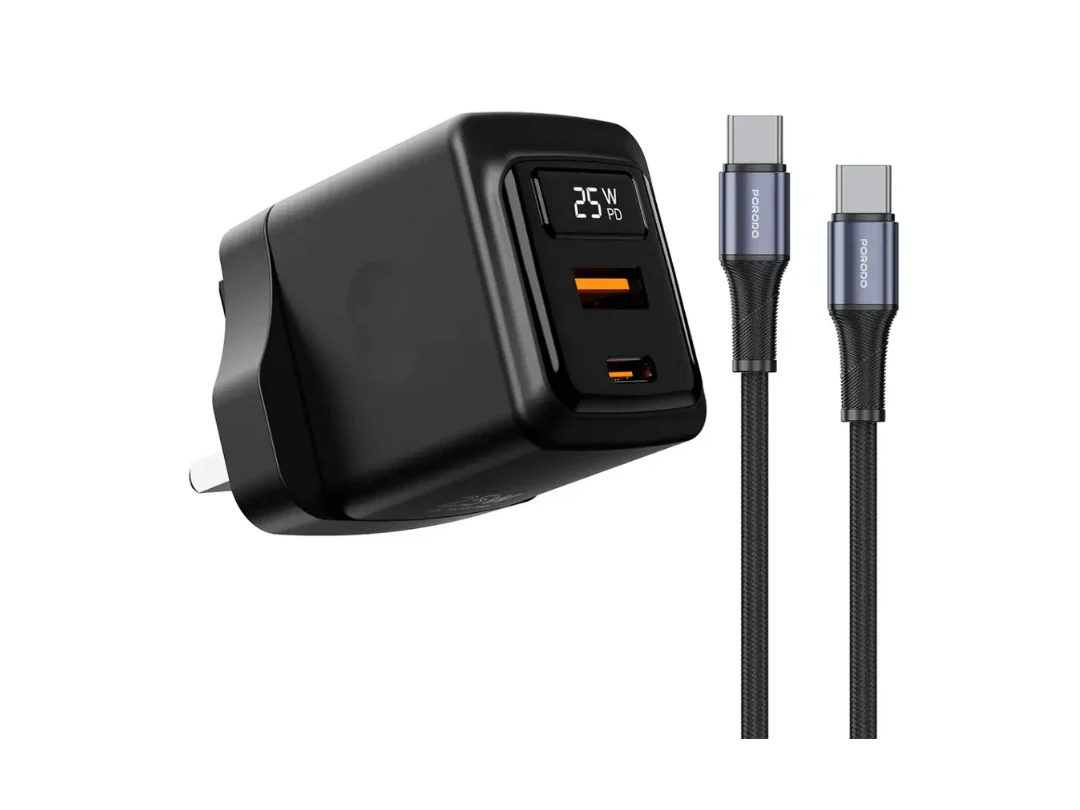 Porodo GaN 25W Dual-Port Wall Charger with USB-C to Lightning Cable