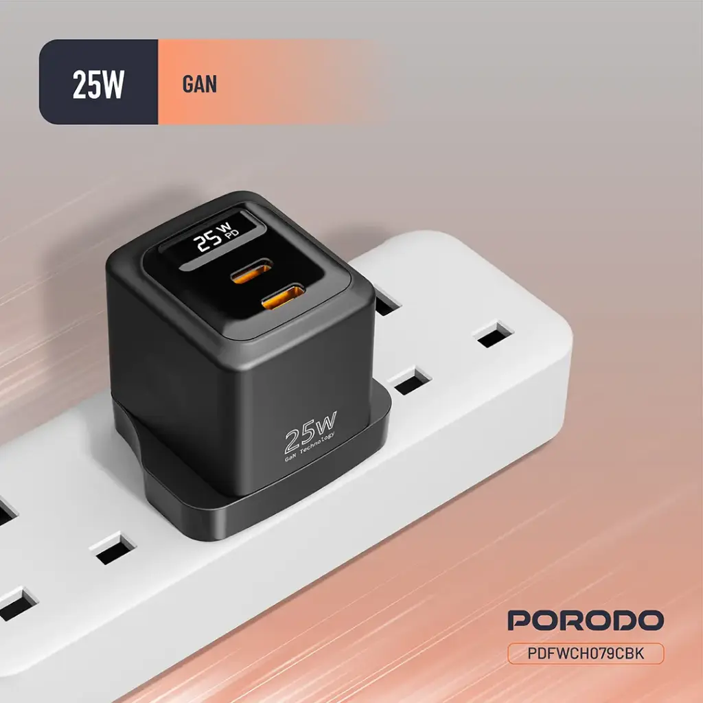 Porodo GaN 25W Dual USB-C Wall Charger with USB-C to Lightning Cable