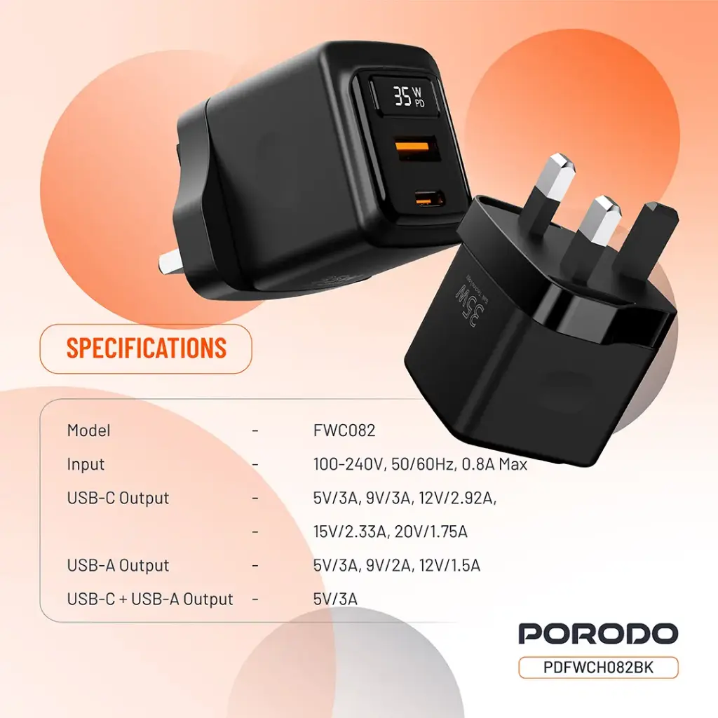 Porodo GaN 35W Dual-Port Wall Charger with Power Display