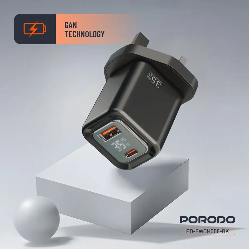 Porodo Dual-Port Digital Display Quick Charger with Cable