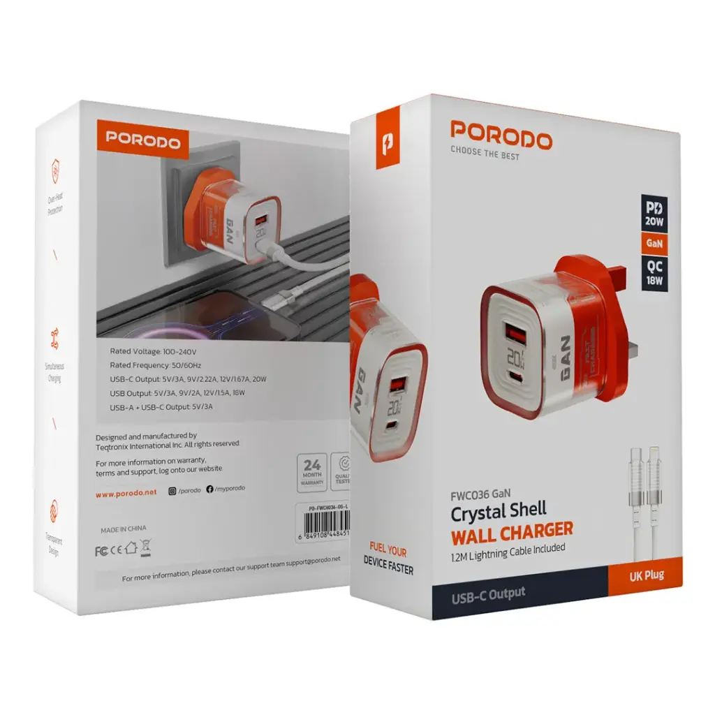Porodo Crystal Shell GaN Wall Charger with 1.2m Lightning Cable Included