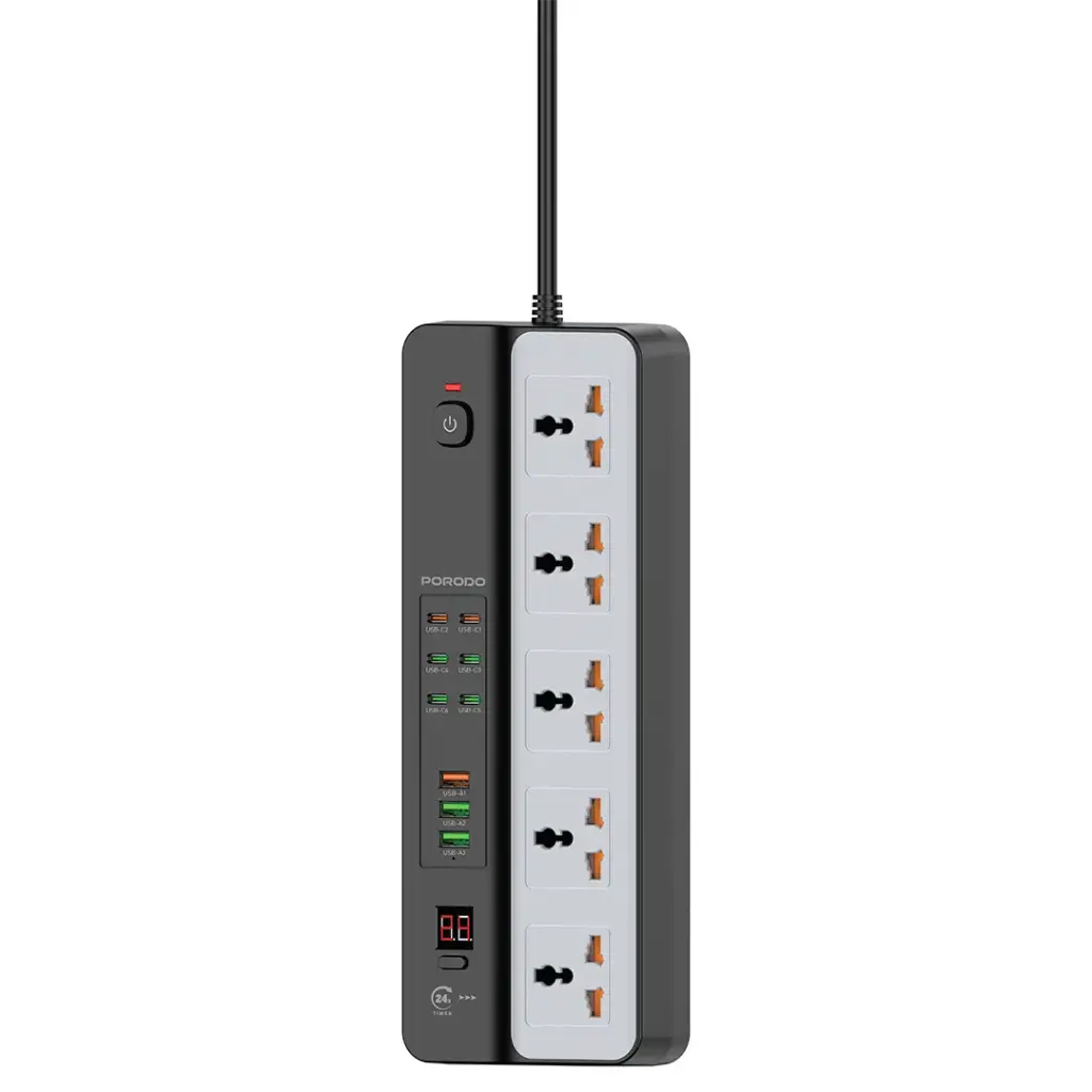 Porodo 3000W 5AC Universal Power Strip with 9 USB Ports (6C + 3A)