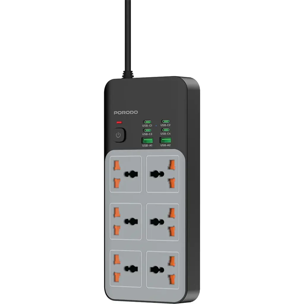 Porodo 3000W 6AC Universal Power Strip with 6 USB Ports (4C + 2A)