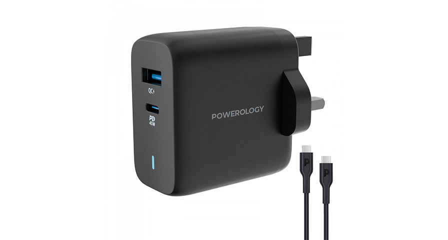 Powerology 63W Ultra-Quick GaN Charger (45W PD + 18W USB-A QC3.0, 60W Type-C to Type-C Cable)