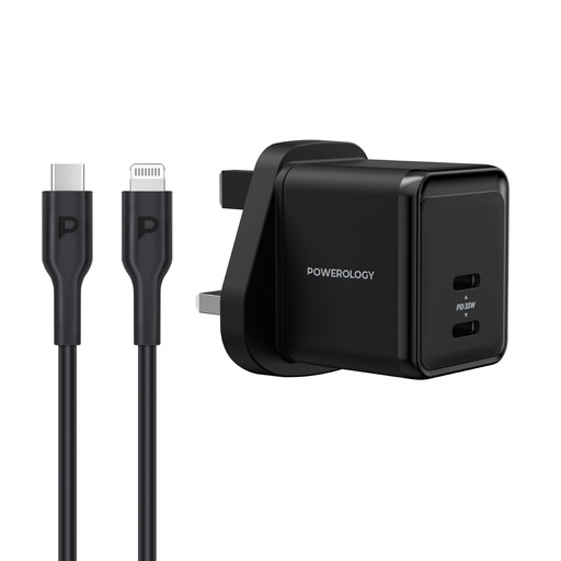 Powerology Dual Port Super Compact Quick Charger with USB-C to USB-C Cable 1.2m
