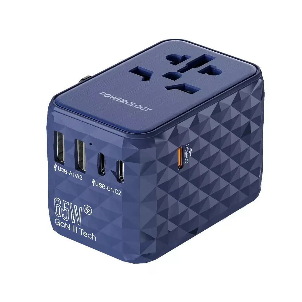 Powerology Universal Multi-Port GaN Travel Adapter 3x Type-C with 2x USB-A Ports 65W PD