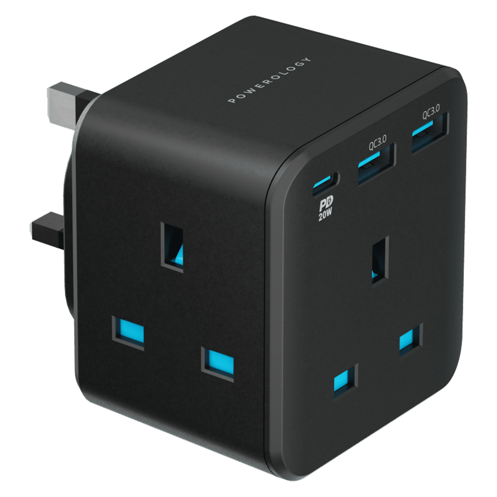 Powerology 3-Outlet Wall Socket with Fast Charging USB (20W PD, QC3.0, Smart Design)
