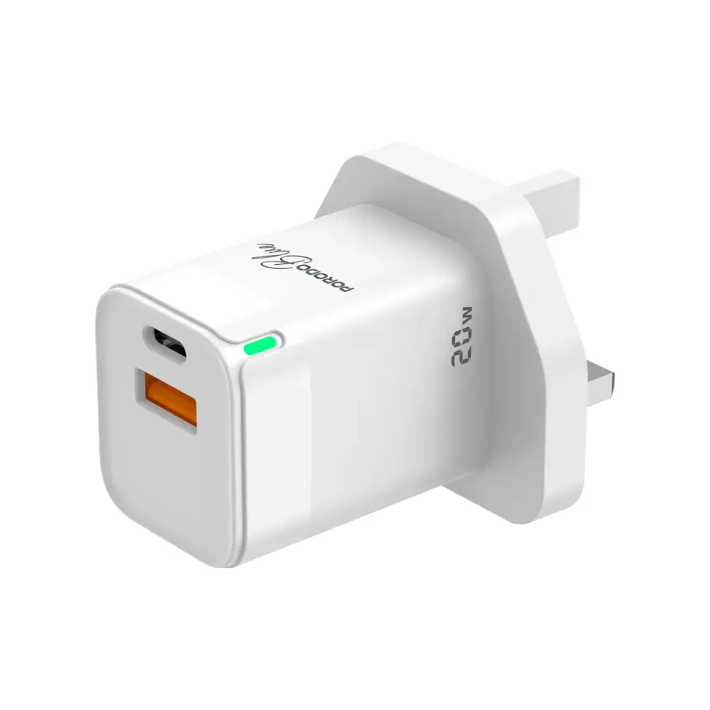 Porodo Blue Ultra Quick Charger 20W USB-A + USB-C White (PBFWCH036WH)
