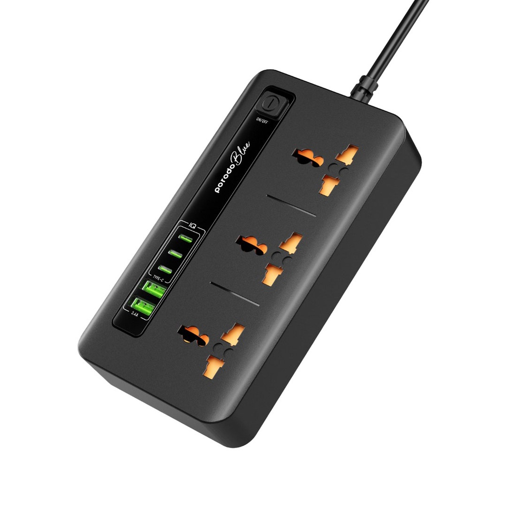 Porodo Blue Multi-Port Power Hub 3 Universal Sockets 17W USB (PB-3ACC2CM-BK)