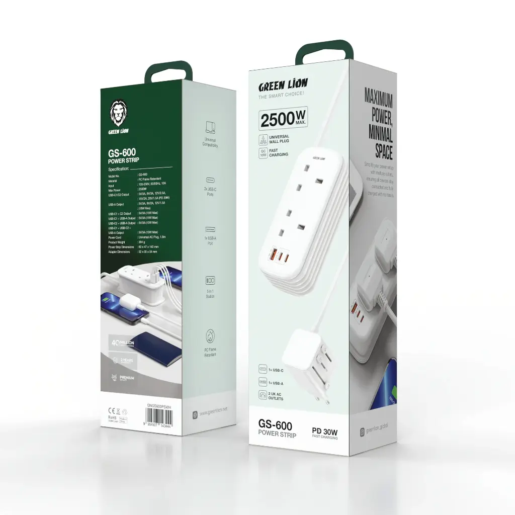 Green Lion GS-600 Сетевой Фильтр USB-C | USB-A | 2x UK AC Розетка PD 30W
