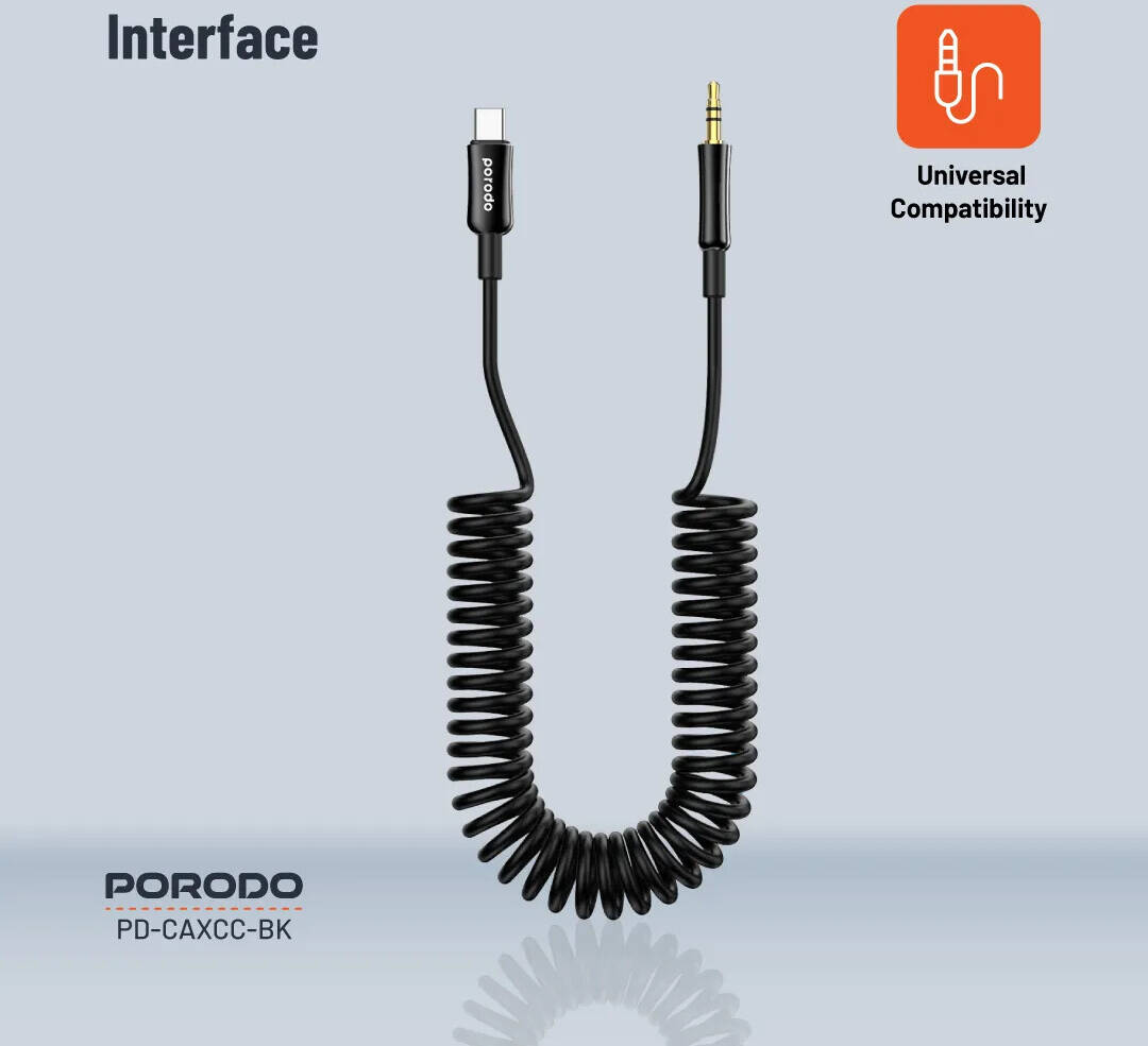 Porodo USB-C to Audio Jack Coiled AUX Cable Tangle-Free