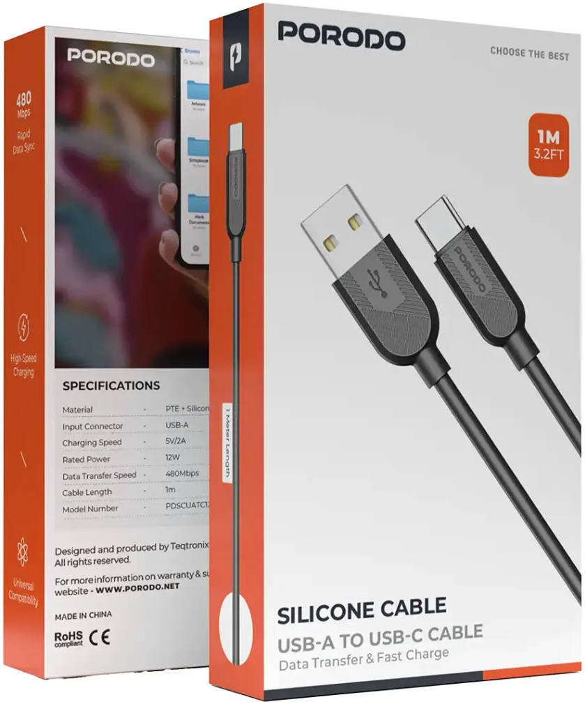 Porodo Silicone USB-A to USB-C Cable 12W