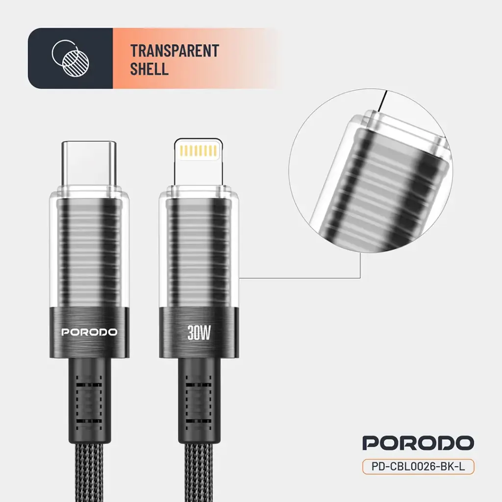 Porodo Transparent Shell USB-C to Lightning Cable