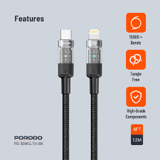 Porodo Transparent Braided USB-C to Lightning Cable 4ft / 1.2m