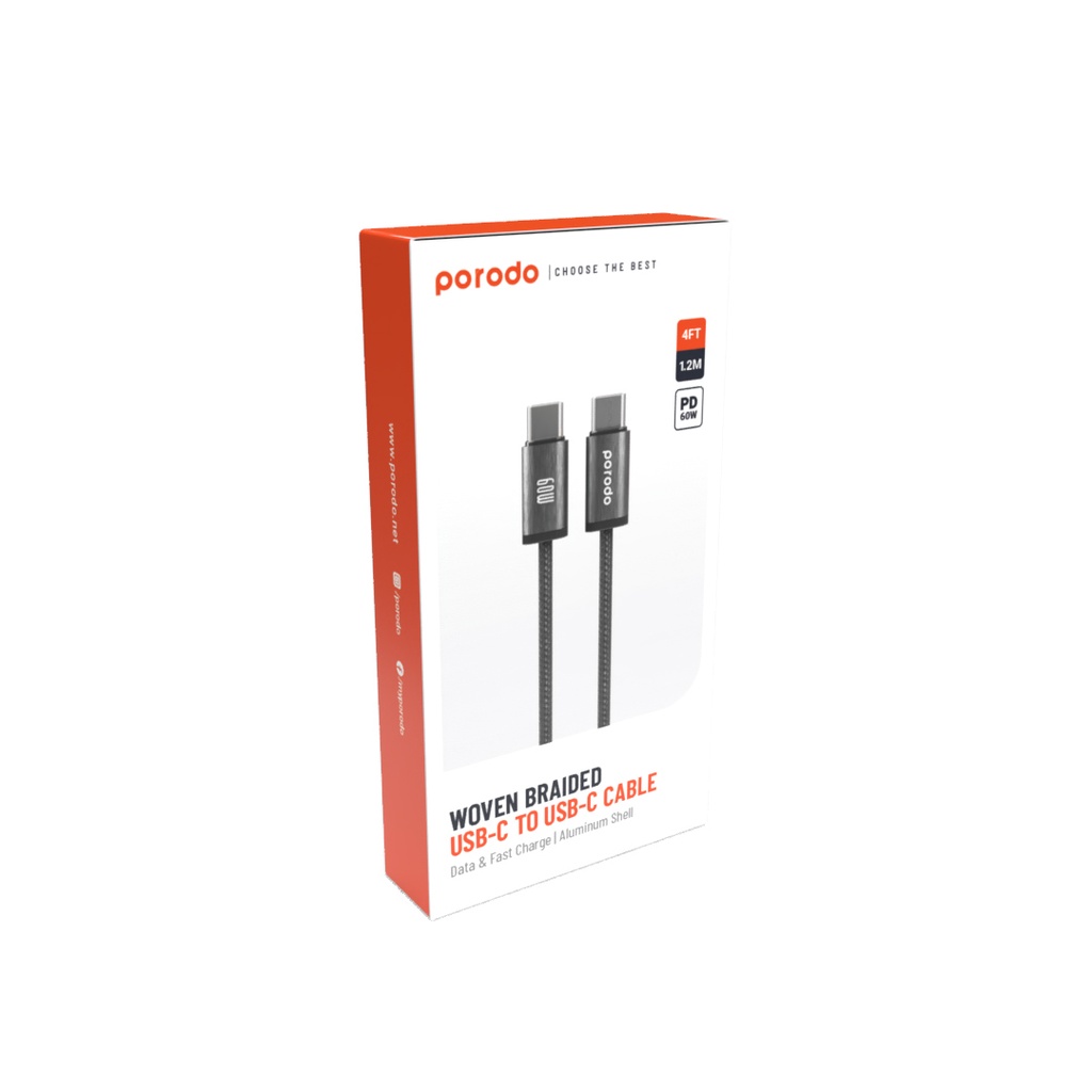 Porodo Woven Braided USB-C to USB-C Cable Aluminum Shell 1.2m