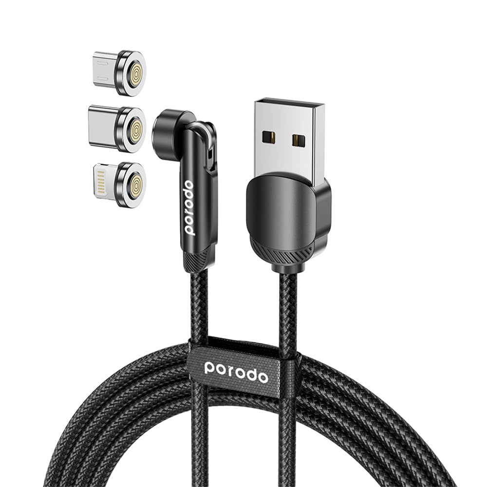 Porodo 3-in-1 Rotating Connector Braided Magnetic Cable (Lightning / USB-C / Micro USB) 1m