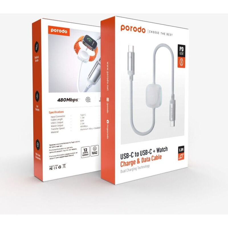 Porodo USB-C / Lightning with Watch Charge & Data Cable Dual Charging Technology 1.2m