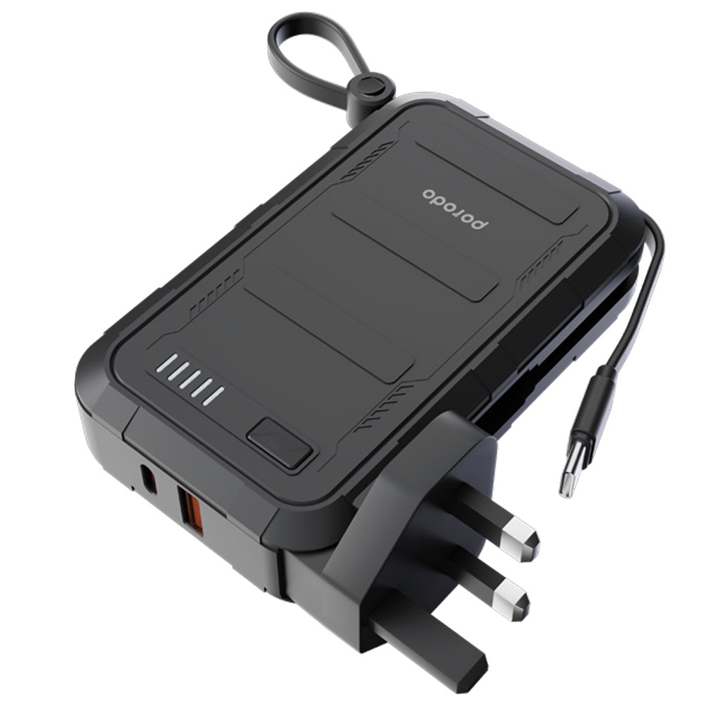 Porodo 10000mAh power bank с настенной зарядкой, Type-C, USB-A, кабелем Type-C 20W и Lightning 10W (UK Plug)