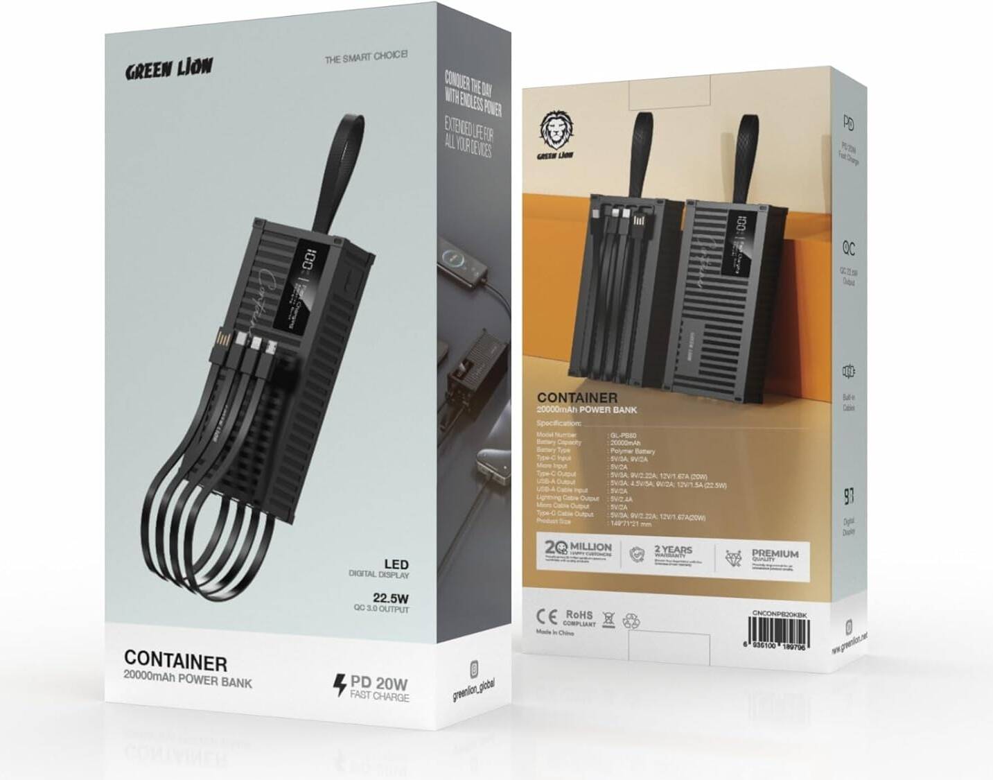 Green Lion Container باور بانك 20000mAh PD 20W مع كابل 4 في 1
