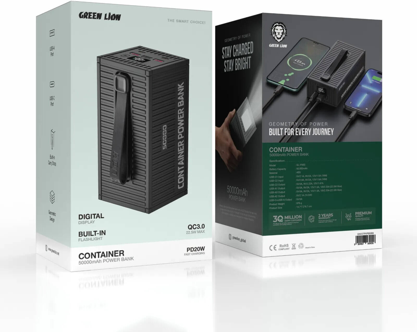 Green Lion Container باور بانك 50000mAh PD 20W مع كابل 4 في 1