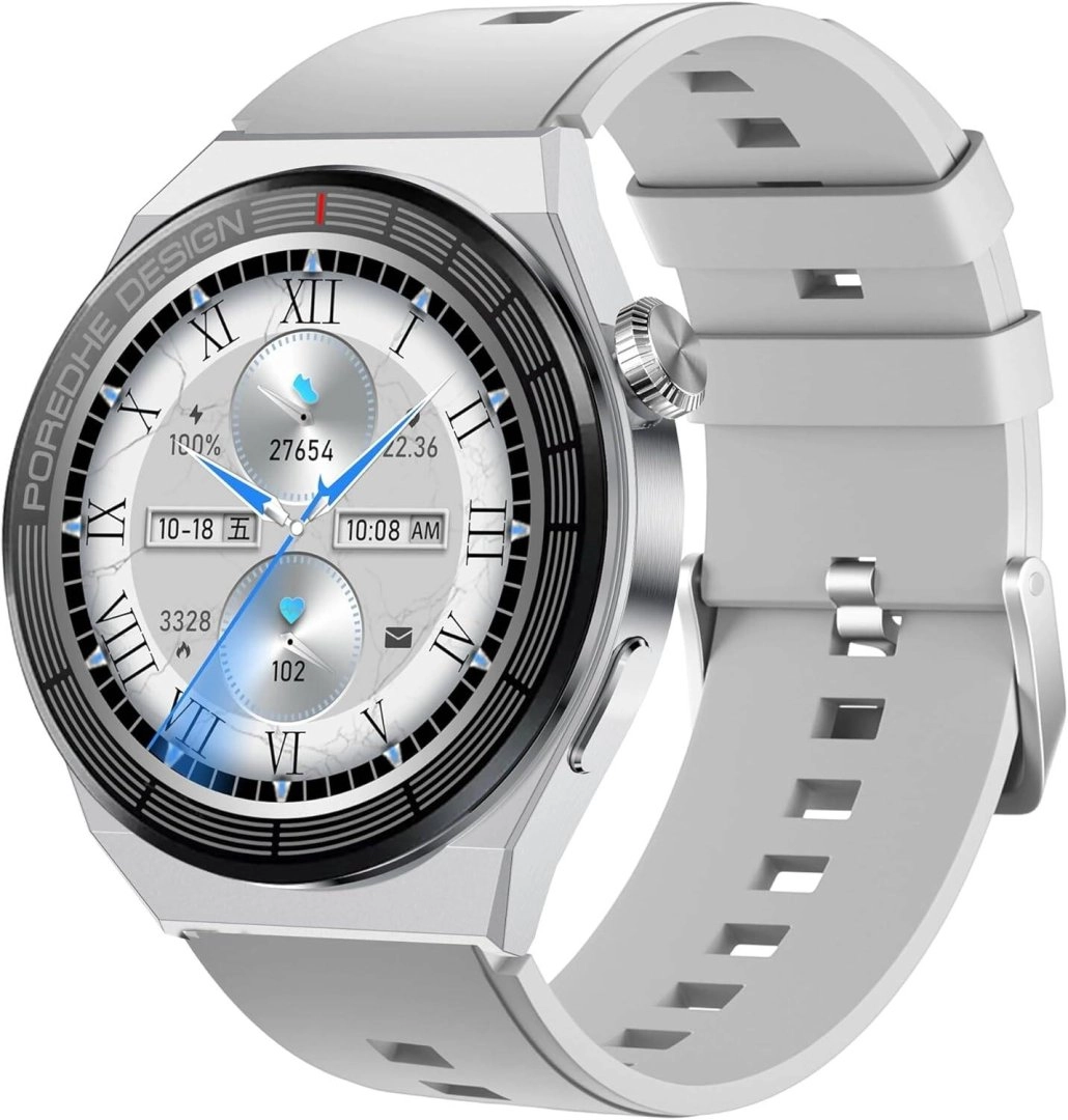Porodo Zebro Smart Watch Silver Dial Grey Silicone Strap & Silver Metal Strap