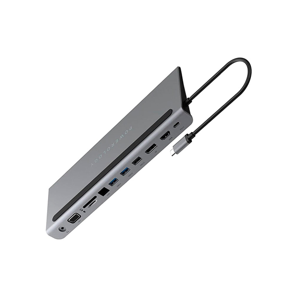 محول Powerology USB-C متعدد الشاشات 11 في 1 مع حامل لابتوب